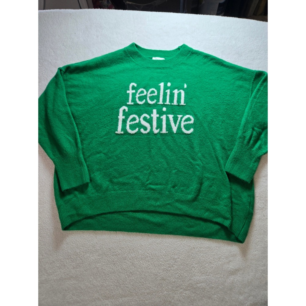 CeCe Feelin Festive Green Christmas Holiday Graphic Sweater XL 5617